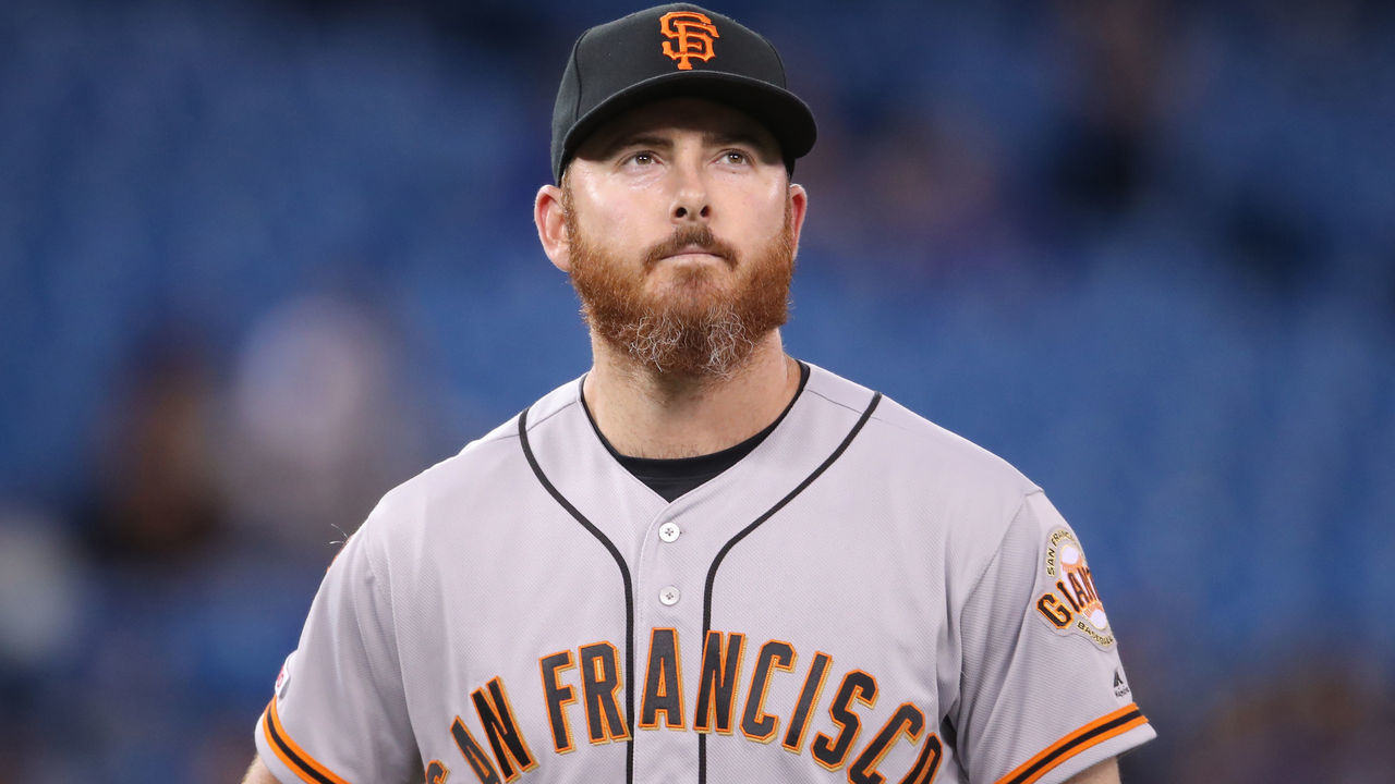 TORONTO, ON - APRIL 23: Sam Dyson #49 of the San Francisco Giants exits the game after being relieved in the eighth inning during MLB game action against the Toronto Blue Jays Rogers Centre on April 23, 2019 in Toronto, Canada.