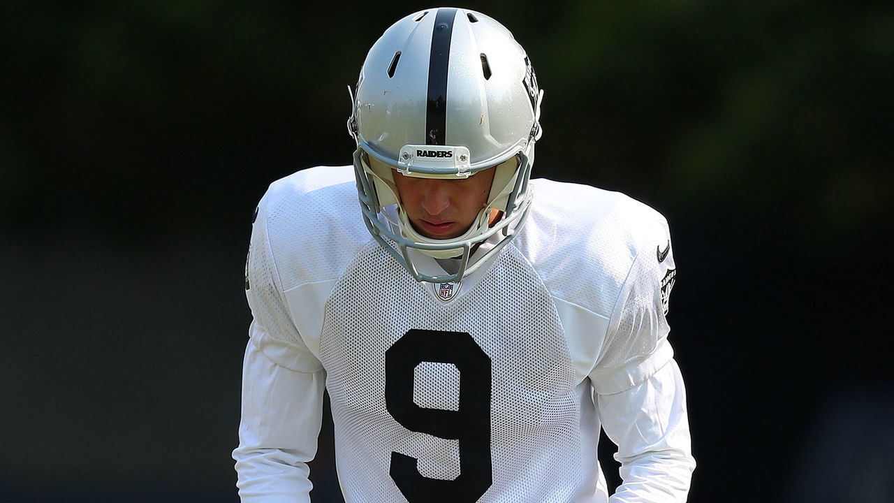 NAPA, CA - AUGUST 06: Oakland Raiders kicker Eddy Pineiro (9) takes part in a drill during a practice session at the Marriott Napa Valley Hotel & Spa on Monday, Aug 6. 2018, in Napa, Calif. (Aric Crabb/Bay Area News Group) via Getty Images)