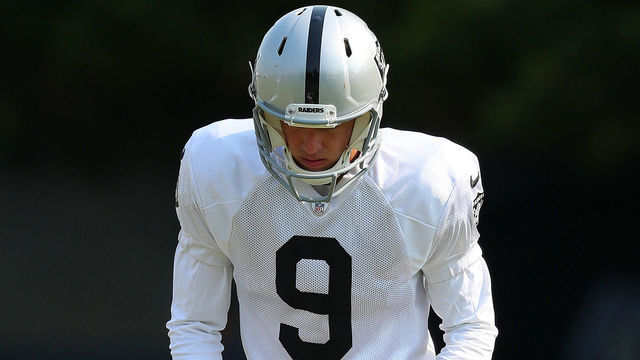 NAPA, CA - AUGUST 06: Oakland Raiders kicker Eddy Pineiro (9) takes part in a drill during a practice session at the Marriott Napa Valley Hotel & Spa on Monday, Aug 6. 2018, in Napa, Calif. (Aric Crabb/Bay Area News Group) via Getty Images)