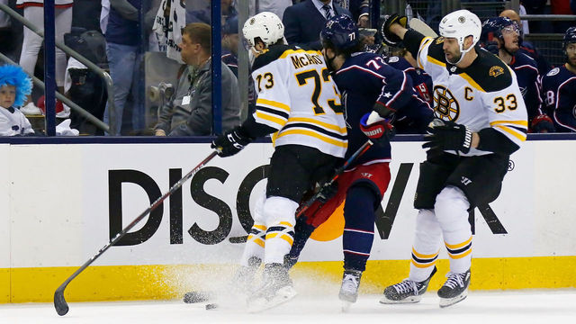 COLUMBUS, OH - MAY 6: Charlie McAvoy #73 of the Boston Bruins checks Josh Anderson #77 of the Columbus Blue Jackets in the head during the second period in Game Six of the Eastern Conference Second Round during the 2019 NHL Stanley Cup Playoffs on May 6, 2019 at Nationwide Arena in Columbus, Ohio. McAvoy was called for an illegal check to the head.