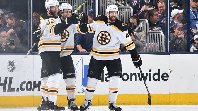 COLUMBUS, OH - MAY 6: David Backes #42 of the Boston Bruins celebrates his third period goal with teammates Jake DeBrusk #74 and David Krejci #46 of the Boston Bruins in Game Six of the Eastern Conference Second Round against the Columbus Blue Jackets during the 2019 NHL Stanley Cup Playoffs on May 6, 2019 at Nationwide Arena in Columbus, Ohio.