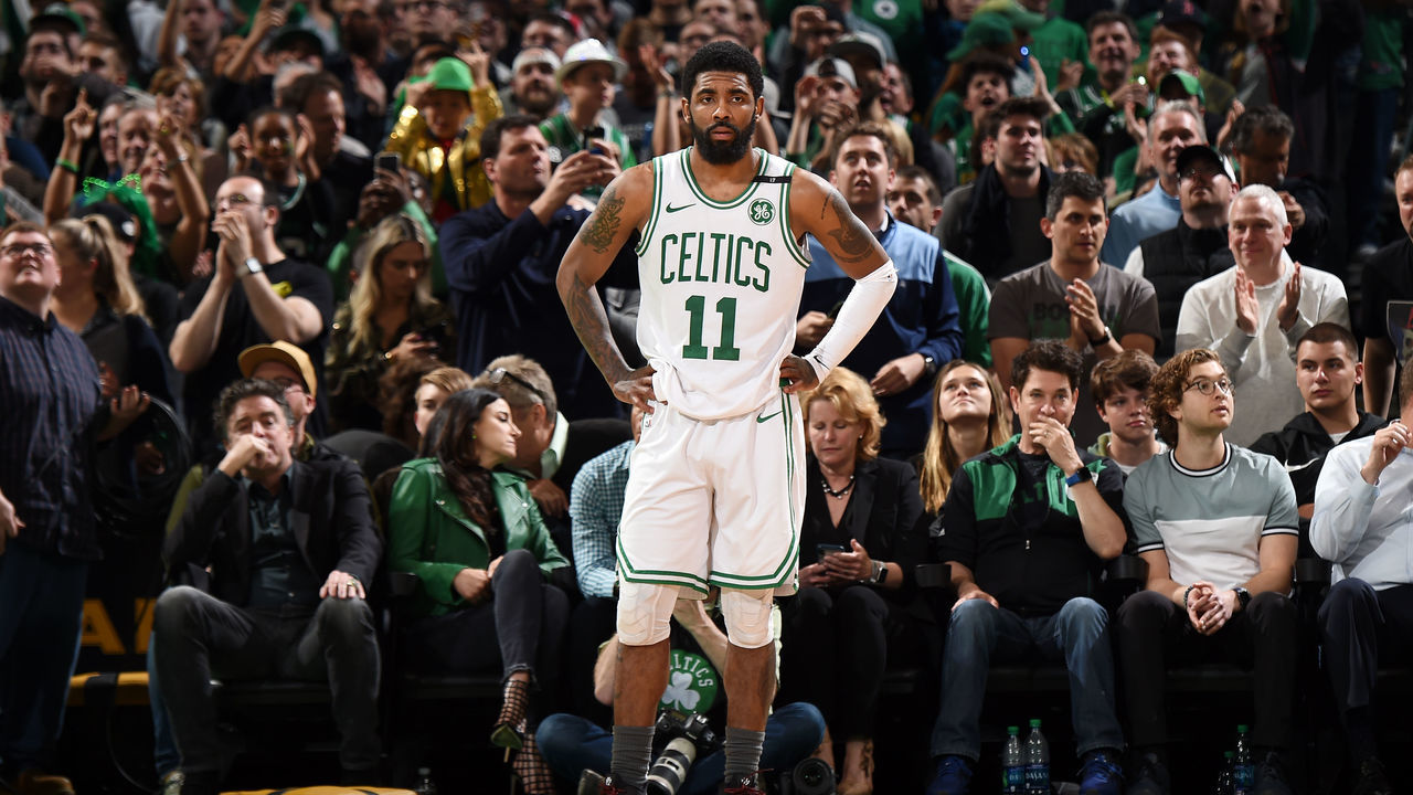 BOSTON, MA - MAY 6: Kyrie Irving #11 of the Boston Celtics looks on during Game Four of the Eastern Conference Semifinals of the 2019 NBA Playoffs on May 6, 2019 at the TD Garden in Boston, Massachusetts. NOTE TO USER: User expressly acknowledges and agrees that, by downloading and/or using this photograph, user is consenting to the terms and conditions of the Getty Images License Agreement. Mandatory Copyright Notice: Copyright 2019 NBAE
