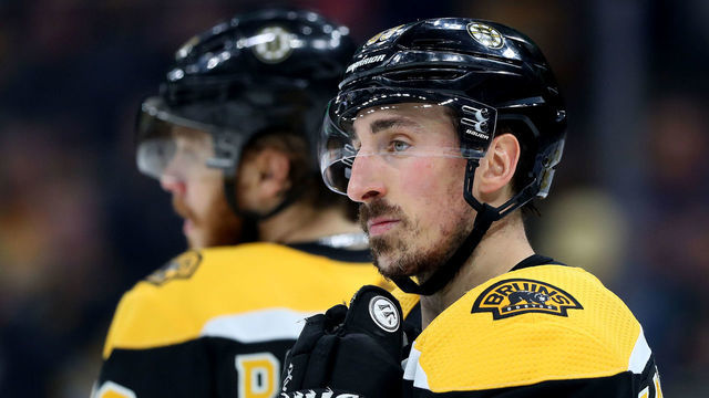 BOSTON, MASSACHUSETTS - MAY 04: Brad Marchand #63 of the Boston Bruins looks on during the second period against the Columbus Blue Jackets at TD Garden on May 04, 2019 in Boston, Massachusetts.