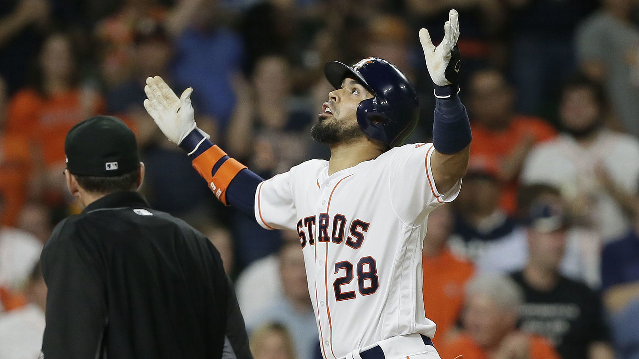 HOUSTON, TEXAS - MAY 06: Robinson Chirinos #28 of the Houston Astros hits a two run home run in the sixth inning against the Kansas City Royals at Minute Maid Park on May 06, 2019 in Houston, Texas.