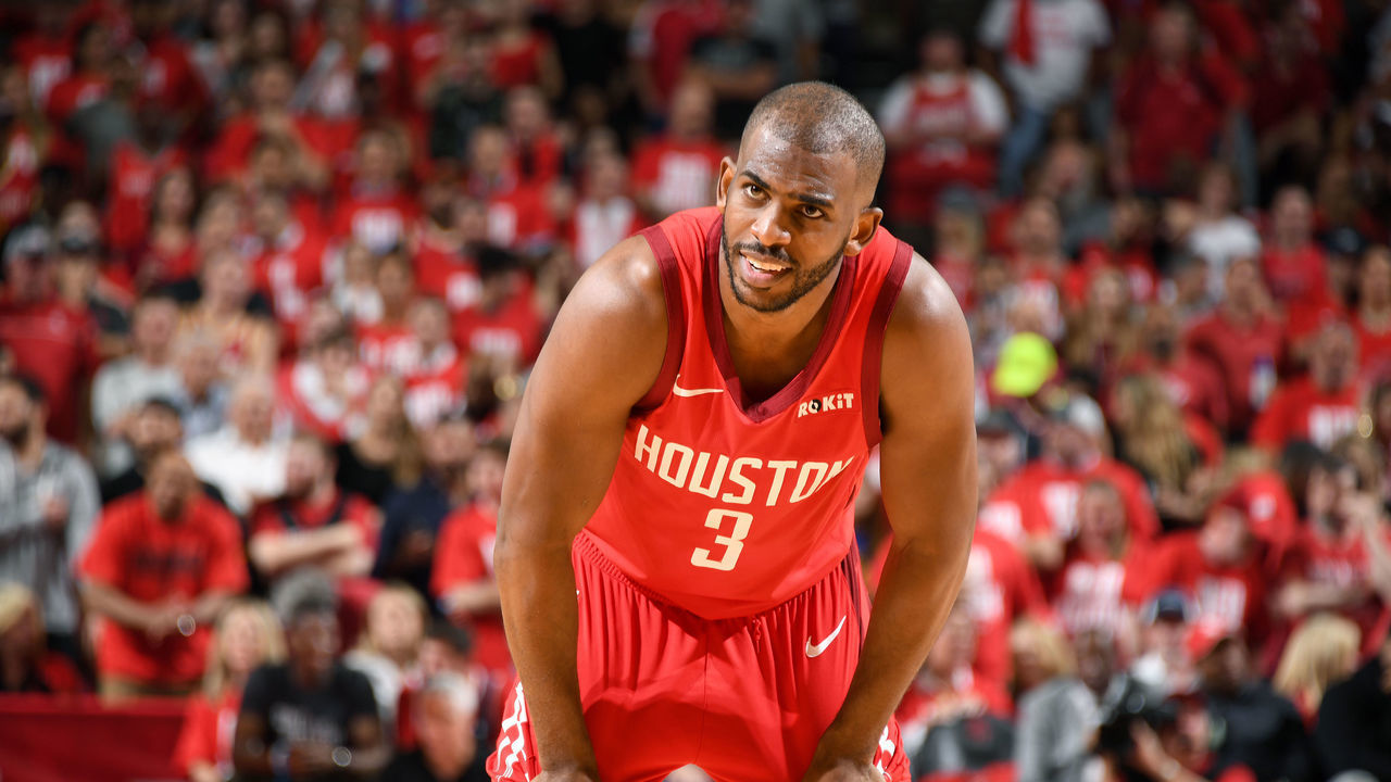 HOUSTON, TX - MAY 6: Chris Paul #3 of the Houston Rockets looks on against the Golden State Warriors during Game Four of the Western Conference Semifinals of the 2019 NBA Playoffs on May 6, 2019 at the Toyota Center in Houston, Texas. NOTE TO USER: User expressly acknowledges and agrees that, by downloading and/or using this photograph, user is consenting to the terms and conditions of the Getty Images License Agreement. Mandatory Copyright Notice: Copyright 2019 NBAE