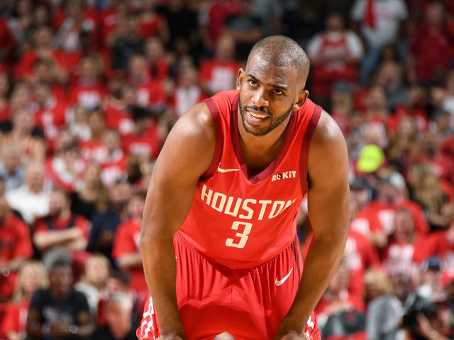 HOUSTON, TX - MAY 6: Chris Paul #3 of the Houston Rockets looks on against the Golden State Warriors during Game Four of the Western Conference Semifinals of the 2019 NBA Playoffs on May 6, 2019 at the Toyota Center in Houston, Texas. NOTE TO USER: User expressly acknowledges and agrees that, by downloading and/or using this photograph, user is consenting to the terms and conditions of the Getty Images License Agreement. Mandatory Copyright Notice: Copyright 2019 NBAE