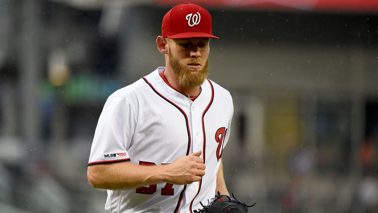 WASHINGTON, DC - MAY 02: Stephen Strasburg #37 of the Washington Nationals runs off the field after the second inning against the St. Louis Cardinals at Nationals Park on May 2, 2019 in Washington, DC.