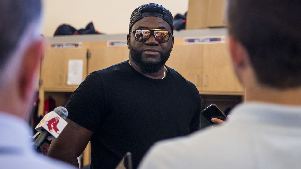 FORT MYERS, FL - FEBRUARY 28: Former designated hitter David Ortiz of the Boston Red Sox meets with the media after a game against the Pittsburgh Pirates at JetBlue Park at Fenway South on February 28, 2018 in Fort Myers, Florida.