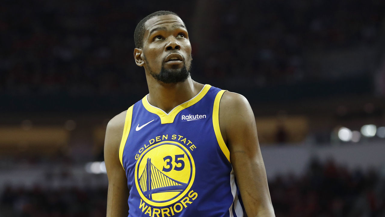 HOUSTON, TX - MAY 04: Kevin Durant #35 of the Golden State Warriors looks toward the scoreboard in the second quarter during Game Three of the Second Round of the 2019 NBA Western Conference Playoffs against the Houston Rockets at Toyota Center on May 4, 2019 in Houston, Texas.