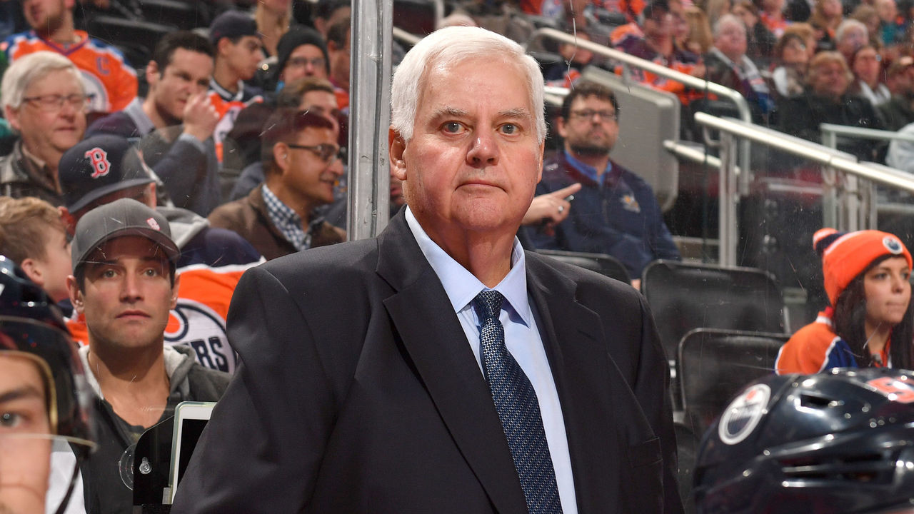 EDMONTON, AB - NOVEMBER 27: Ken Hitchcock of the Edmonton Oilers stands on the bench prior to the game against the Dallas Stars on November 27, 2018 at Rogers Place in Edmonton, Alberta, Canada.