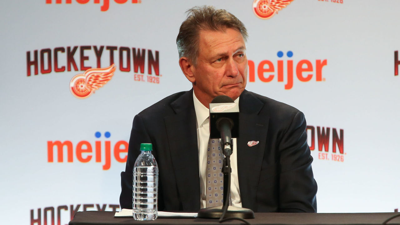 DETROIT, MI - APRIL 19: Ken Holland addresses members of the media during a press conference to introduce Steve Yzerman as the new Executive Vice President and General Manager responsible for all hockey operations and announce the promotion of Ken Holland to Senior Vice President on April 19, 2019, at Little Caesars Arena in Detroit, Michigan.