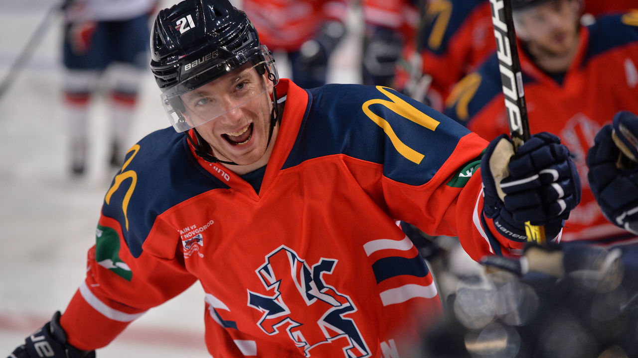 SHEFFIELD, ENGLAND - APRIL 28: Great Britain's Mike Hammond celebrates following a goal during the Great Britain v Torpedo Nizhny Novgorod ice hockey exibition game at FlyDSA Arena on April 28, 2019 in Sheffield, England.