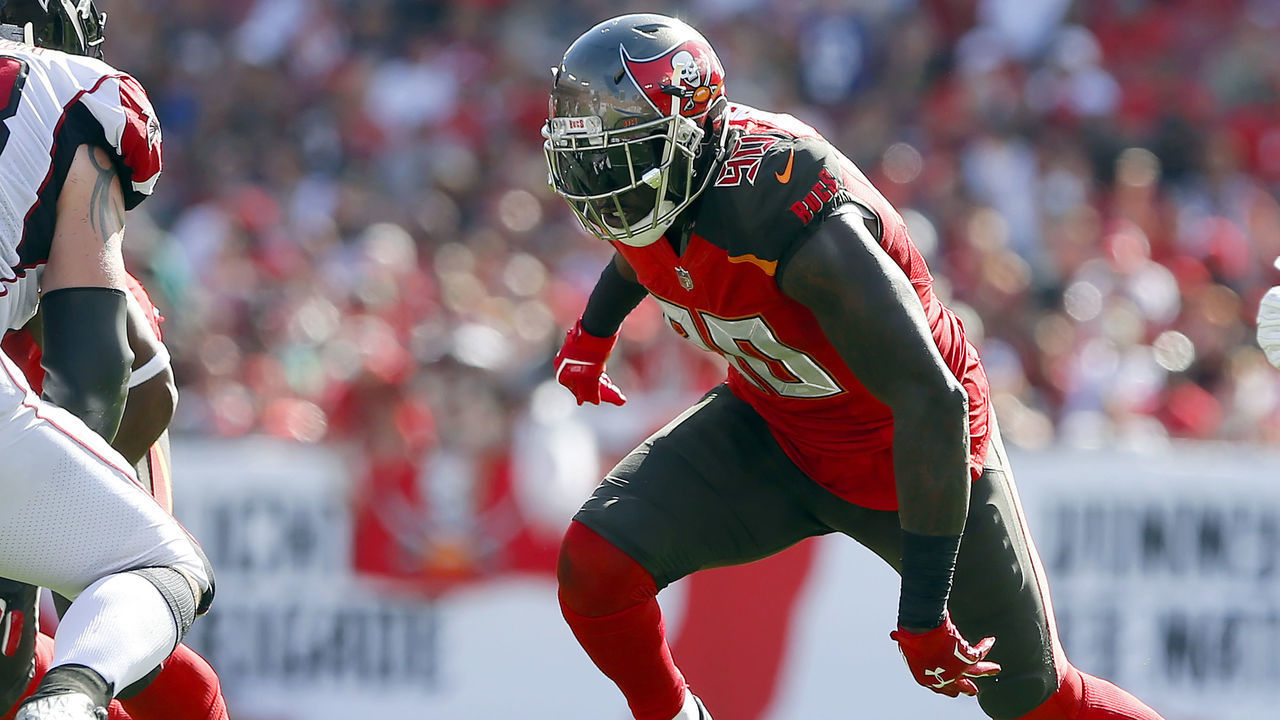 TAMPA, FL - DEC 30: Jason Pierre-Paul (90) of the Bucs rushes the passer during the regular season game between the Atlanta Falcons and the Tampa Bay Buccaneers on December 30, 2018 at Raymond James Stadium in Tampa, Florida.