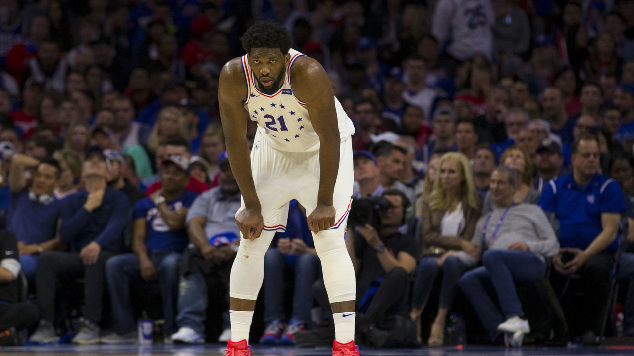 PHILADELPHIA, PA - MAY 05: Joel Embiid #21 of the Philadelphia 76ers looks on against the Toronto Raptors in Game Four of the Eastern Conference Semifinals at the Wells Fargo Center on May 5, 2019 in Philadelphia, Pennsylvania. The Raptors defeated the 76ers 101-96.