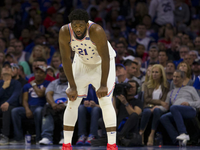 PHILADELPHIA, PA - MAY 05: Joel Embiid #21 of the Philadelphia 76ers looks on against the Toronto Raptors in Game Four of the Eastern Conference Semifinals at the Wells Fargo Center on May 5, 2019 in Philadelphia, Pennsylvania. The Raptors defeated the 76ers 101-96.