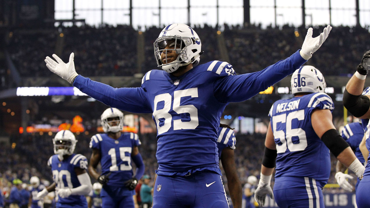 INDIANAPOLIS, IN - NOVEMBER 25: Indianapolis Colts Tight End Eric Ebron (85) celebrates his touchdown in the first quarter during the NFL game between the Miami Dolphins and Indianapolis Colts on November 25, 2018, at Lucas Oil Stadium in Indianapolis, IN.