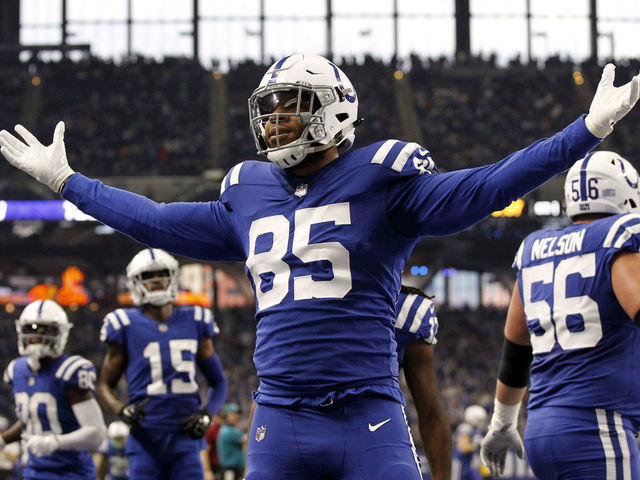 INDIANAPOLIS, IN - NOVEMBER 25: Indianapolis Colts Tight End Eric Ebron (85) celebrates his touchdown in the first quarter during the NFL game between the Miami Dolphins and Indianapolis Colts on November 25, 2018, at Lucas Oil Stadium in Indianapolis, IN.