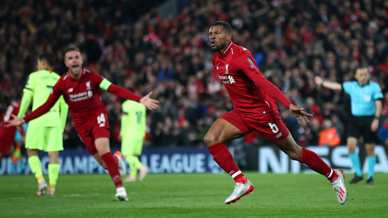 LIVERPOOL, ENGLAND - MAY 07: Georginio Wijnaldum of Liverpool celebrates after scoring his team's third goal during the UEFA Champions League Semi Final second leg match between Liverpool and Barcelona at Anfield on May 07, 2019 in Liverpool, England.