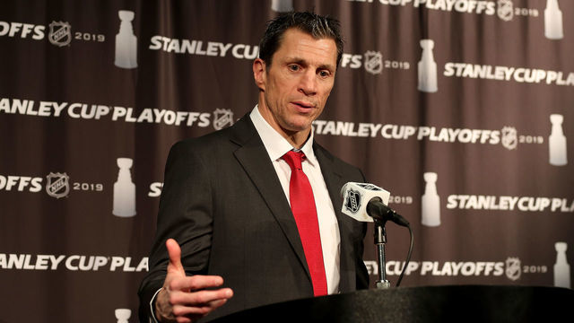 RALEIGH, NC - MAY 03: Rod Brind'Amour head coach of the Carolina Hurricanes addresses the media after defeating the New York Islanders in Game Four of the Eastern Conference Second Round during the 2019 NHL Stanley Cup Playoffs on May 3, 2019 at PNC Arena in Raleigh, North Carolina.