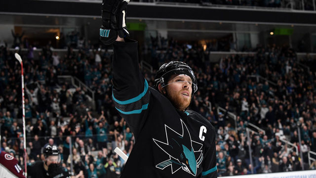 SAN JOSE, CA - MARCH 01: Joe Pavelski #8 of the San Jose Sharks celebrates a goal against the Colorado Avalanche at SAP Center on March 1, 2019 in San Jose, California