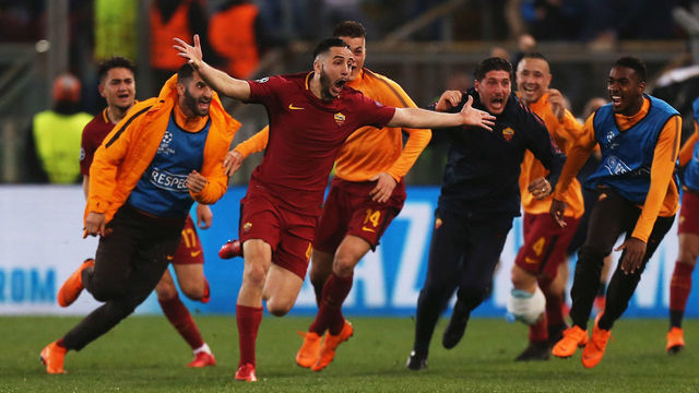 ROME, ITALY - APRIL 10: Kostas Manolas of AS Roma celebrates after scoring the team's third goal during the UEFA Champions League quarter final second leg between AS Roma and FC Barcelona at Stadio Olimpico on April 10, 2018 in Rome, Italy.