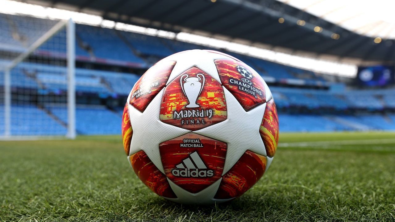 MANCHESTER, ENGLAND - APRIL 17: A detailed view of the match ball pitch side ahead of the UEFA Champions League Quarter Final second leg match between Manchester City and Tottenham Hotspur at Etihad Stadium on April 17, 2019 in Manchester, England.