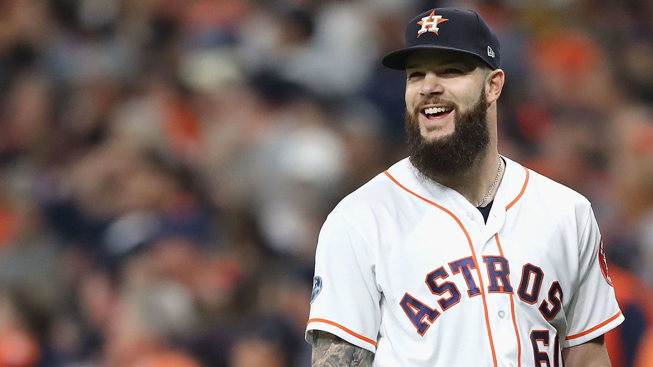 HOUSTON, TX - OCTOBER 16: Dallas Keuchel #60 of the Houston Astros reacts in the third inning as a play is reviewed against the Boston Red Sox during Game Three of the American League Championship Series at Minute Maid Park on October 16, 2018 in Houston, Texas.