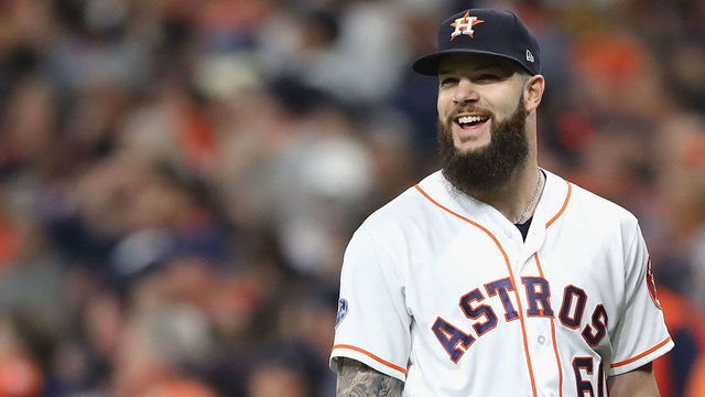 HOUSTON, TX - OCTOBER 16: Dallas Keuchel #60 of the Houston Astros reacts in the third inning as a play is reviewed against the Boston Red Sox during Game Three of the American League Championship Series at Minute Maid Park on October 16, 2018 in Houston, Texas.
