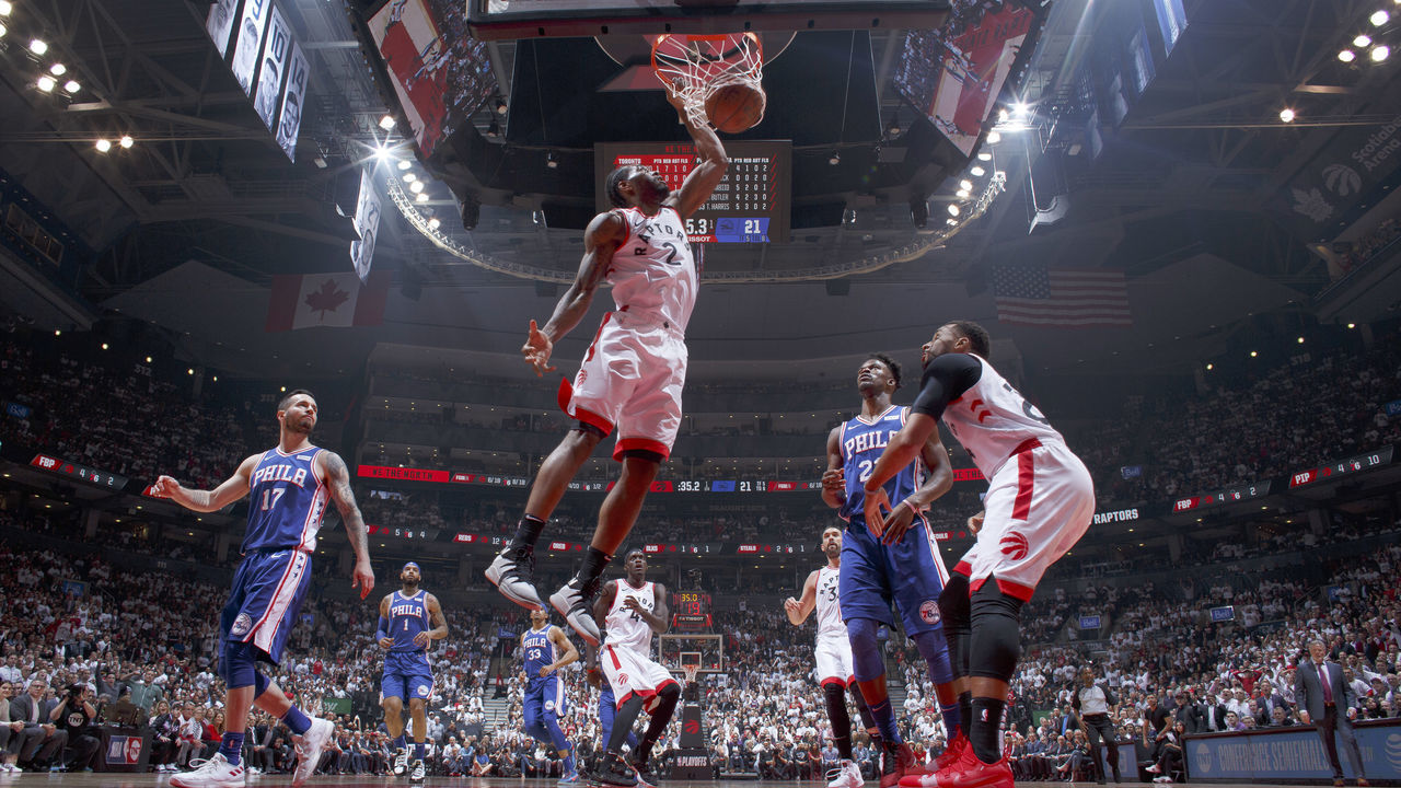 TORONTO, CANADA - MAY 7: Kawhi Leonard #2 of the Toronto Raptors dunks the ball during the game against the Philadelphia 76ers during Game Five of the Eastern Conference SemiFinals of the 2019 NBA Playoffs on May 7, 2019 at the Scotiabank Arena in Toronto, Ontario, Canada. Mandatory Copyright Notice: Copyright 2019 NBAE