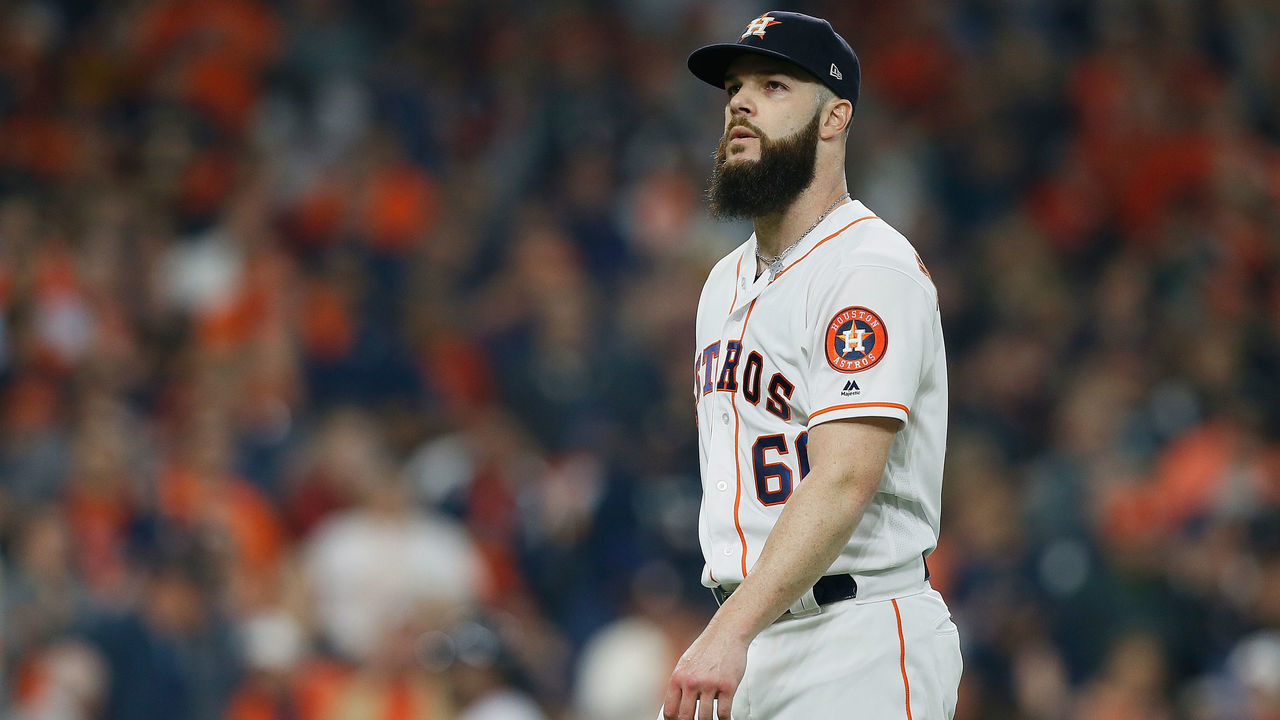 HOUSTON, TX - OCTOBER 16: Dallas Keuchel #60 of the Houston Astros reacts after retiring the side in the first inning against the Boston Red Sox during Game Three of the American League Championship Series at Minute Maid Park on October 16, 2018 in Houston, Texas.