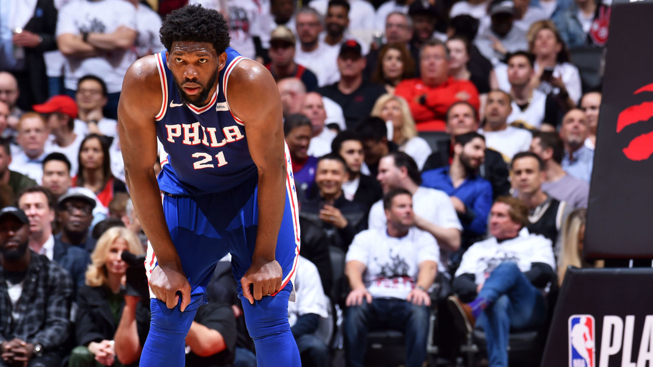 TORONTO, CANADA - MAY 7: Joel Embiid #21 of the Philadelphia 76ers looks on during a game against the Toronto Raptors during Game Five of the Eastern Conference Semifinals on May 7, 2019 at the Scotiabank Arena in Toronto, Ontario, Canada. Mandatory Copyright Notice: Copyright 2019 NBAE