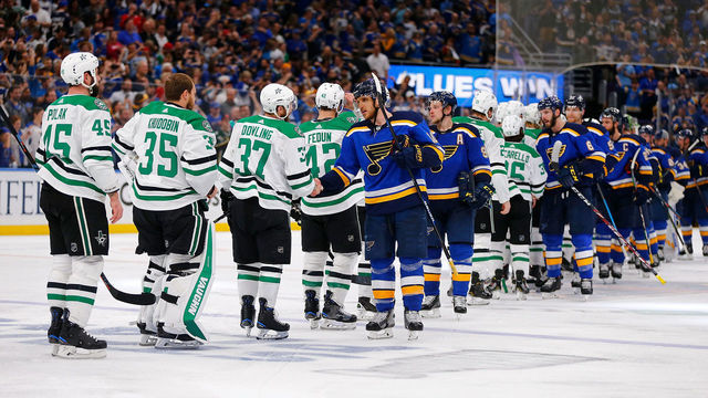 ST. LOUIS, MO - MAY 7: Brayden Schenn #10 of the St. Louis Blues leads the Blues in the post-series handshake against the Dallas Stars after beating the Stars in double overtime in Game Seven of the Western Conference Second Round during the 2019 NHL Stanley Cup Playoffs at the Enterprise Center on May 7, 2019 in St. Louis, Missouri.