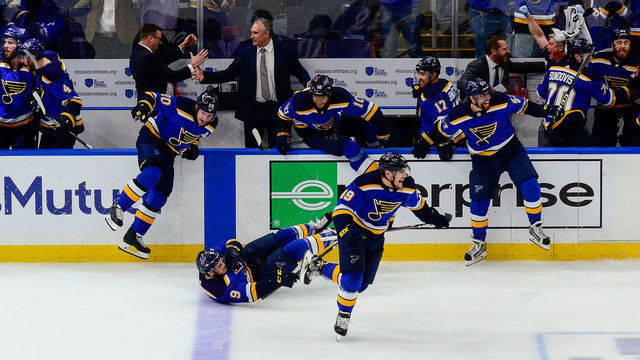 ST. LOUIS, MO - MAY 7: Members of the St. Louis Blues jump off the bench after beating the Dallas Stars in double overtime in Game Seven of the Western Conference Second Round during the 2019 NHL Stanley Cup Playoffs at Enterprise Center on May 7, 2019 in St. Louis, Missouri.