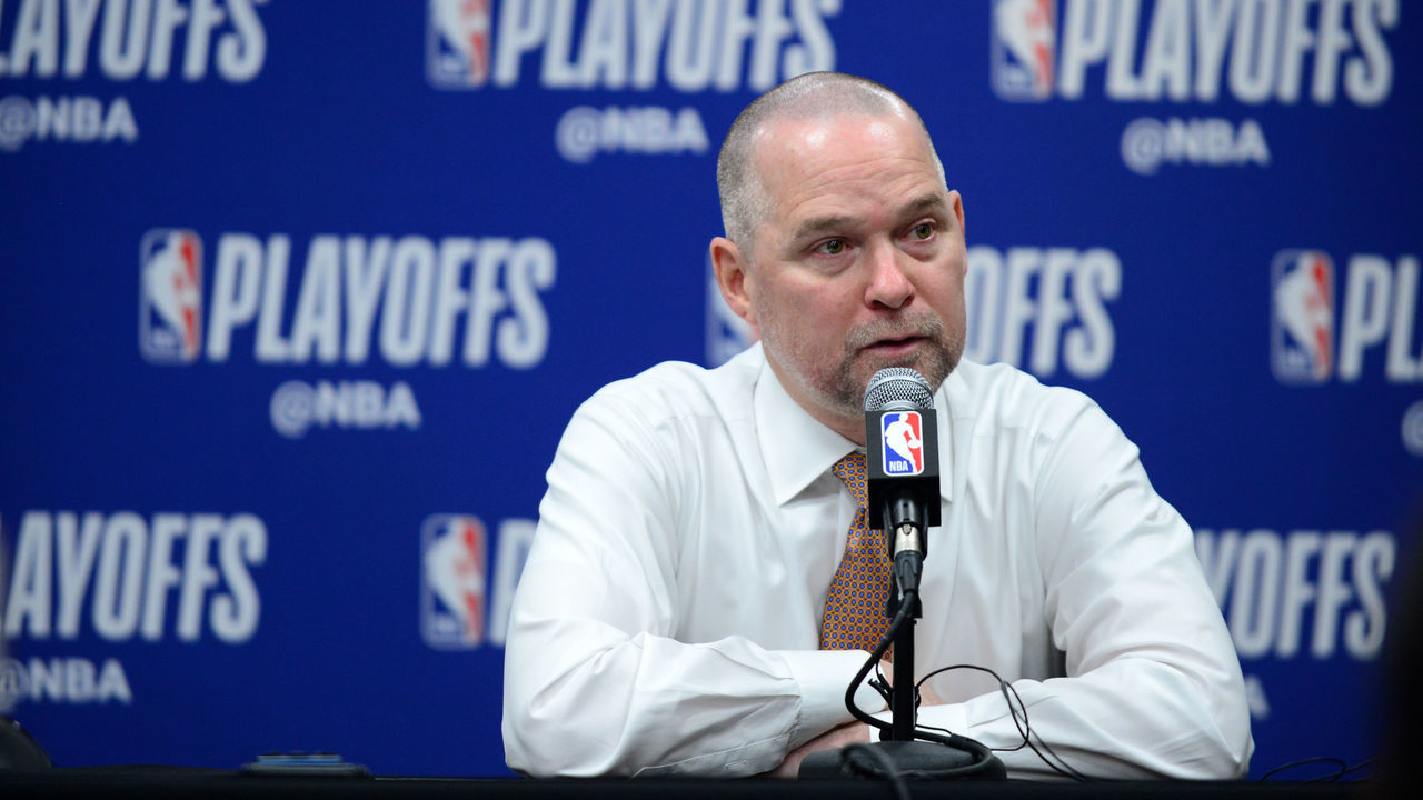 DENVER, CO - MAY 7: Head Coach Michael Malone of the Denver Nuggets is interviewed after a game against the Portland Trail Blazers after Game Five of the Western Conference Semi-Finals of the 2019 NBA Playoffs on May 7, 2019 at the Pepsi Center in Denver, Colorado. NOTE TO USER: User expressly acknowledges and agrees that, by downloading and/or using this Photograph, user is consenting to the terms and conditions of the Getty Images License Agreement. Mandatory Copyright Notice: Copyright 2019 NBAE