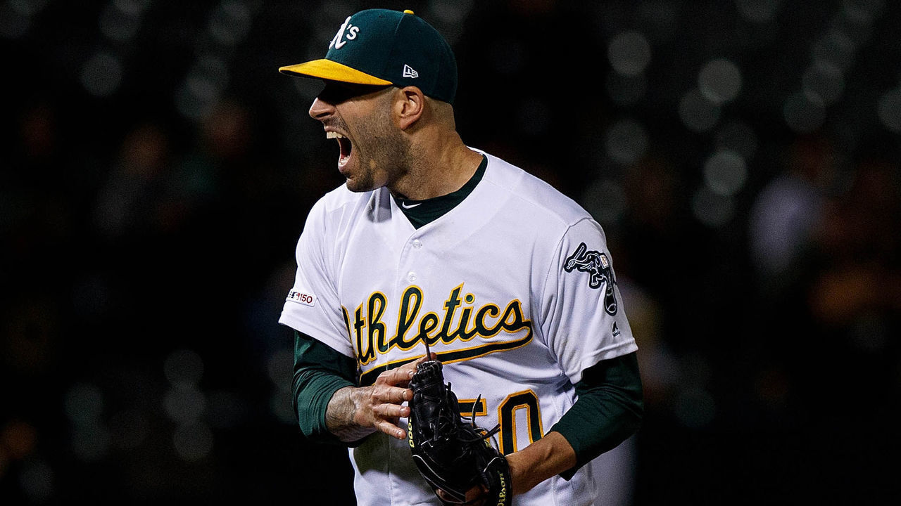 OAKLAND, CA - MAY 07: Mike Fiers #50 of the Oakland Athletics celebrates after pitching a no hitter against the Cincinnati Reds at the Oakland Coliseum on May 7, 2019 in Oakland, California. The Oakland Athletics defeated the Cincinnati Reds 2-0.