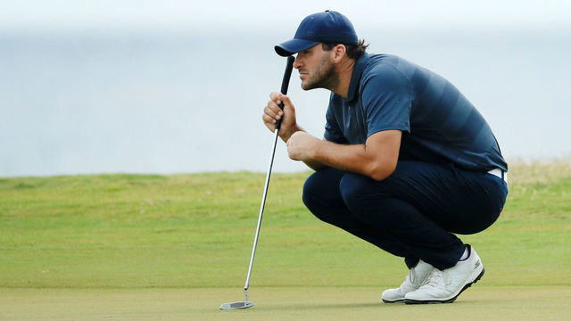PUNTA CANA, DOMINICAN REPUBLIC - MARCH 29: Former NFL Player and amateur Tony Romo lines up a putt on the 18th green during the second round of the Corales Puntacana Resort & Club Championship on March 29, 2019 in Punta Cana, Dominican Republic.