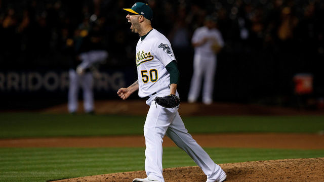 OAKLAND, CA - MAY 07: Mike Fiers #50 of the Oakland Athletics celebrates after pitching a no hitter against the Cincinnati Reds at the Oakland Coliseum on May 7, 2019 in Oakland, California. The Oakland Athletics defeated the Cincinnati Reds 2-0.