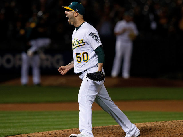 OAKLAND, CA - MAY 07: Mike Fiers #50 of the Oakland Athletics celebrates after pitching a no hitter against the Cincinnati Reds at the Oakland Coliseum on May 7, 2019 in Oakland, California. The Oakland Athletics defeated the Cincinnati Reds 2-0.