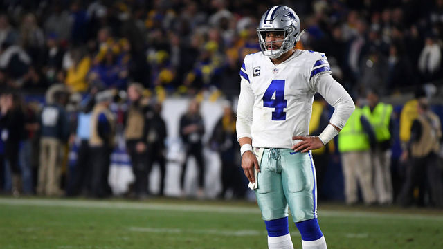 LOS ANGELES, CA - JANUARY 12: Dak Prescott #4 of the Dallas Cowboys looks on in the second half against the Los Angels Rams in the NFC Divisional Playoff game at Los Angeles Memorial Coliseum on January 12, 2019 in Los Angeles, California.