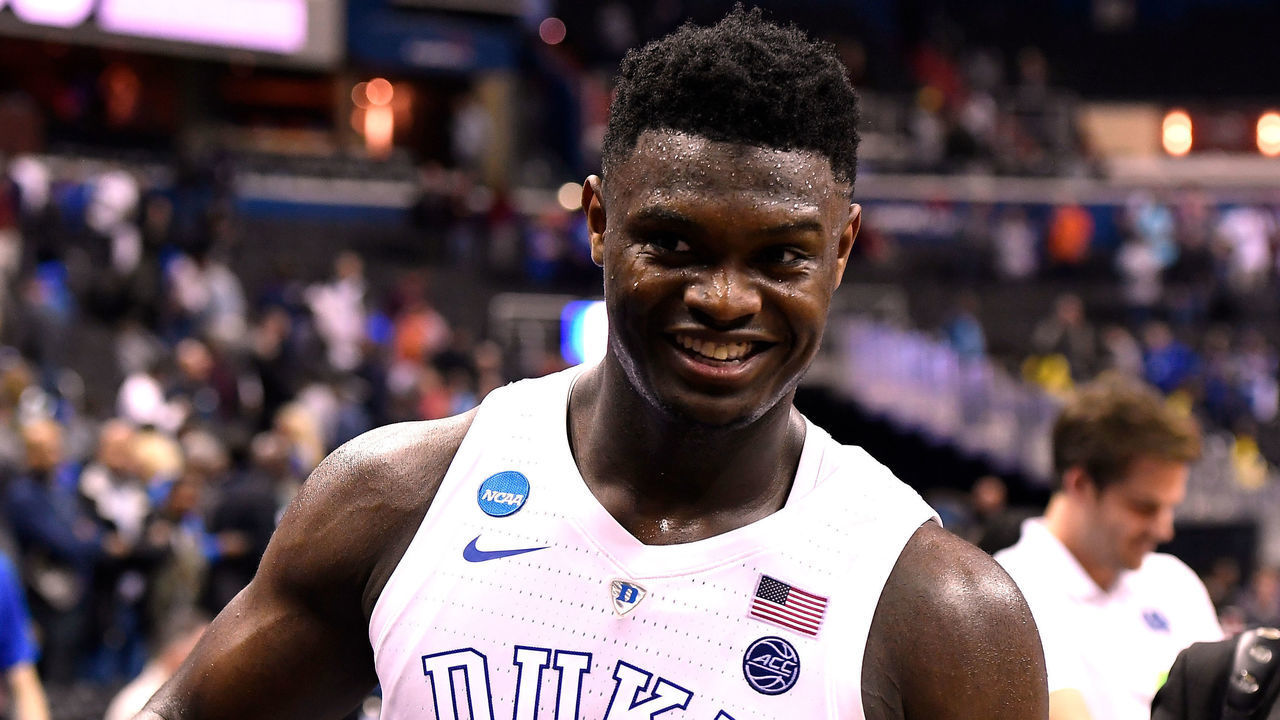 WASHINGTON, DC - MARCH 29: Zion Williamson #1 of the Duke Blue Devils celebrates following their game against the Virginia Tech Hokies during the 2019 NCAA Men's Basketball Tournament East Regional Semifinals at Capital One Arena on March 29, 2019 in Washington, DC.