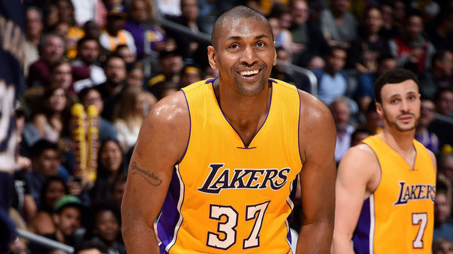 LOS ANGELES, CA - APRIL 11: Metta World Peace #37 of the Los Angeles Lakers looks on during the game against the New Orleans Pelicans on April 11, 2017 at STAPLES Center in Los Angeles, California. NOTE TO USER: User expressly acknowledges and agrees that, by downloading and/or using this Photograph, user is consenting to the terms and conditions of the Getty Images License Agreement. Mandatory Copyright Notice: Copyright 2017 NBAE