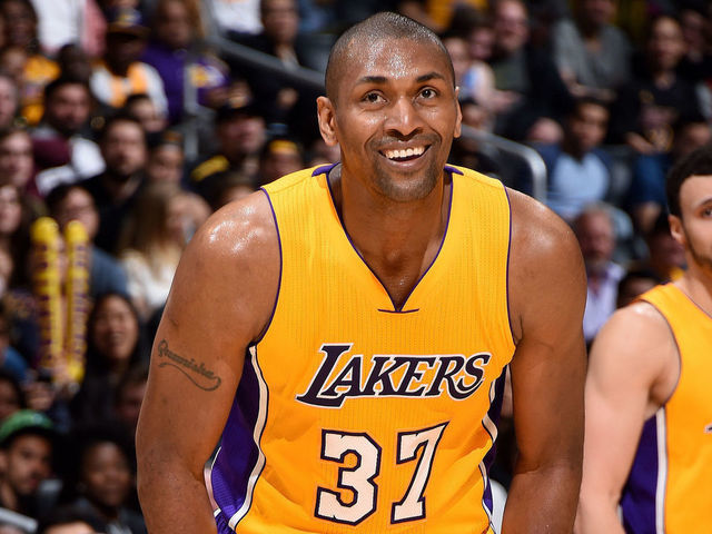 LOS ANGELES, CA - APRIL 11: Metta World Peace #37 of the Los Angeles Lakers looks on during the game against the New Orleans Pelicans on April 11, 2017 at STAPLES Center in Los Angeles, California. NOTE TO USER: User expressly acknowledges and agrees that, by downloading and/or using this Photograph, user is consenting to the terms and conditions of the Getty Images License Agreement. Mandatory Copyright Notice: Copyright 2017 NBAE
