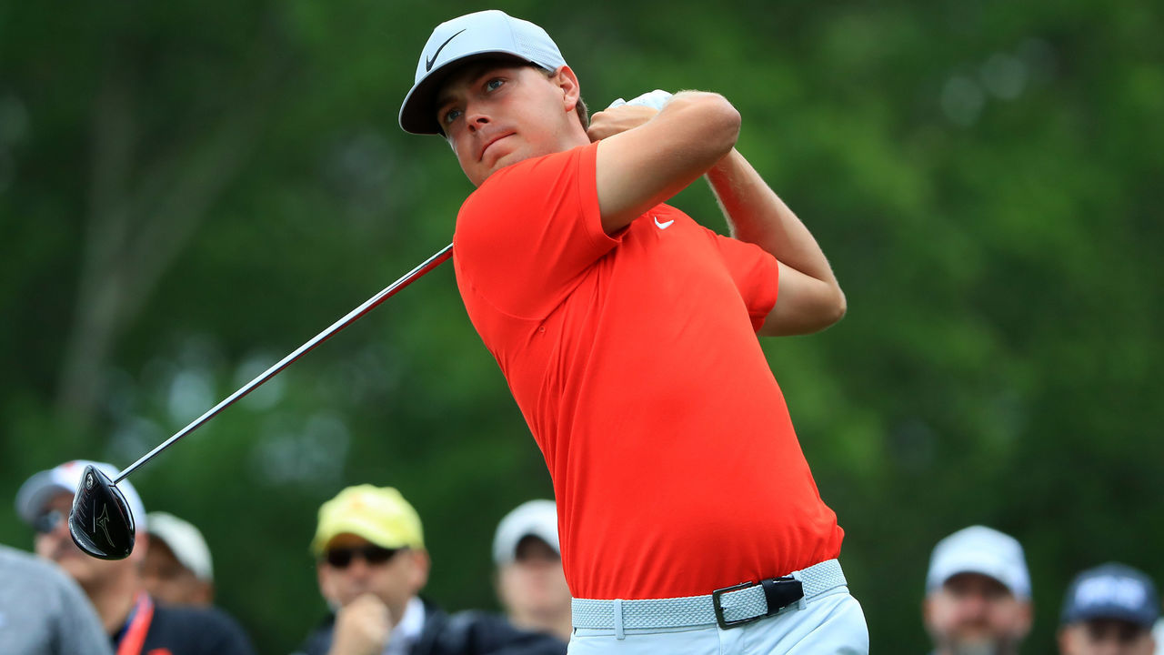 CHARLOTTE, NORTH CAROLINA - MAY 05: Keith Mitchell plays his shot from the third tee during the final round of the 2019 Wells Fargo Championship at Quail Hollow Club on May 05, 2019 in Charlotte, North Carolina.