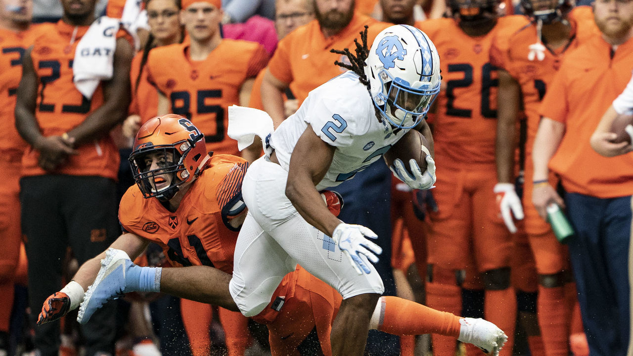 SYRACUSE, NY - OCTOBER 20: North Carolina Tar Heels Tailback Jordan Brown (2) runs with the ball during the second half of the game between the North Carolina Tar Heels and the Syracuse Orange on October 20, 2018, at the Carrier Dome in Syracuse, NY.