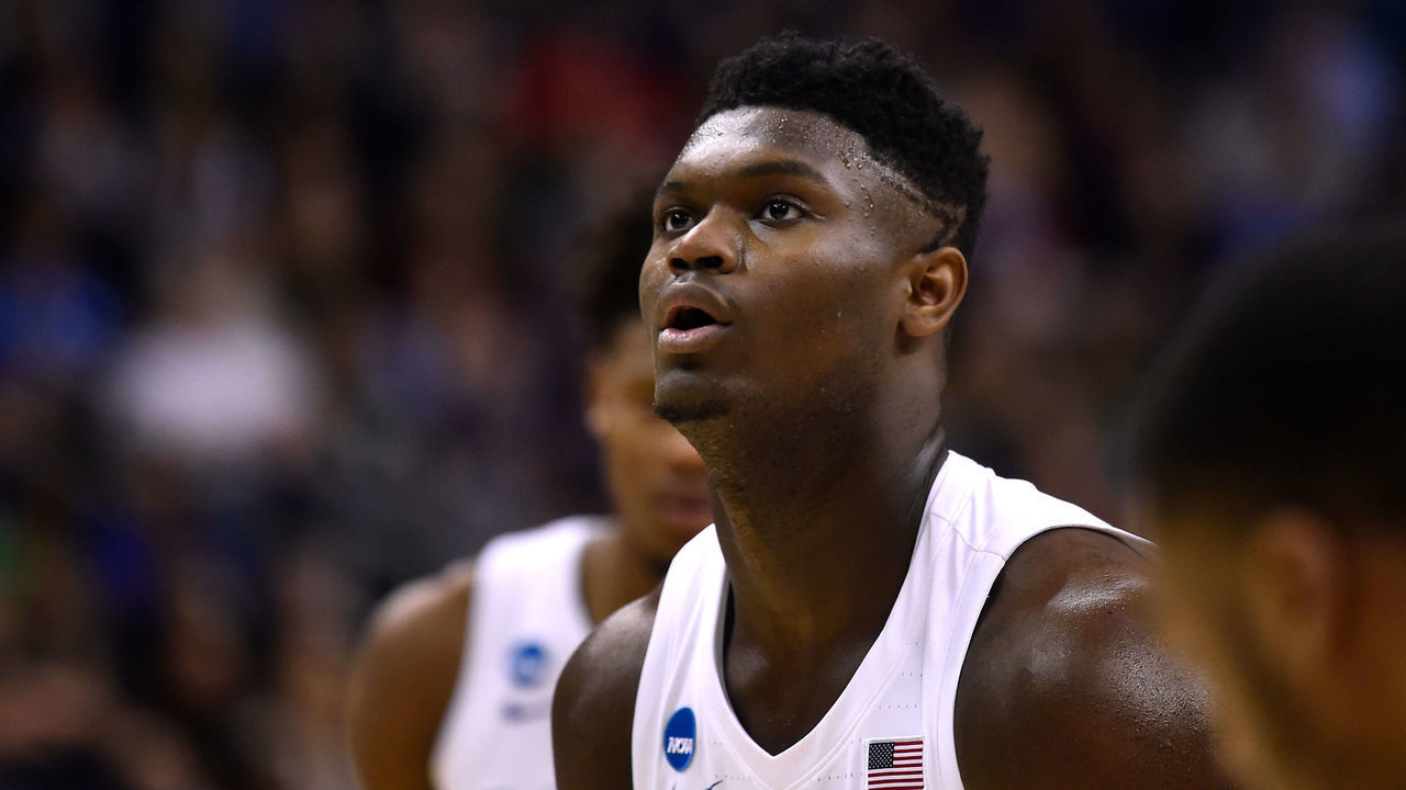 WASHINGTON, DC - MARCH 31: Zion Williamson #1 of the Duke Blue Devils concentrates at the free-throw line in the first half against the Michigan State Spartans during the 2019 NCAA Men's Basketball Tournament East Regional Final at Capital One Arena on March 31, 2019 in Washington, DC.