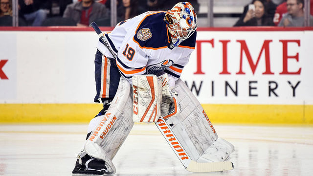 CALGARY, AB - APRIL 06: Edmonton Oilers Goalie Mikko Koskinen (19) gets ready for the start of the first period of an NHL game where the Calgary Flames hosted the Edmonton Oilers on April 6, 2019, at the Scotiabank Saddledome in Calgary, AB.