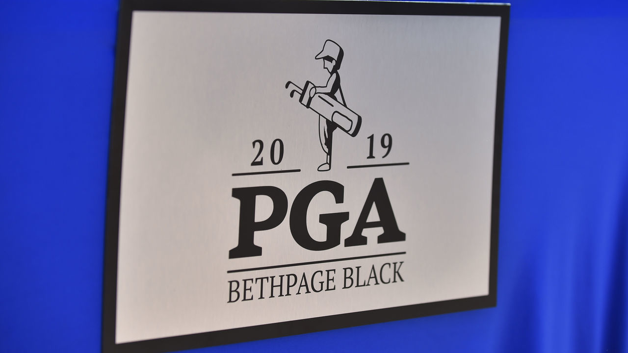 PORT ST. LUCIE, FL - MARCH 22: A detailed view of the 2019 PGA Bethpage Black logo during the 101st PGA Championship Ambassador Announcement at Mets Spring Training on March 22, 2019 in Port St. Lucie, Florida.