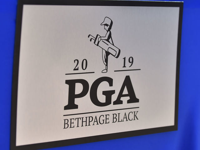 PORT ST. LUCIE, FL - MARCH 22: A detailed view of the 2019 PGA Bethpage Black logo during the 101st PGA Championship Ambassador Announcement at Mets Spring Training on March 22, 2019 in Port St. Lucie, Florida.
