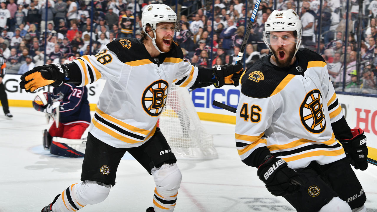 COLUMBUS, OH - MAY 6: David Krejci #46 and David Pastrnak #88 of the Boston Bruins react after scoring a goal during the second period in Game Six of the Eastern Conference Second Round against the Columbus Blue Jackets during the 2019 NHL Stanley Cup Playoffs on May 6, 2019 at Nationwide Arena in Columbus, Ohio.