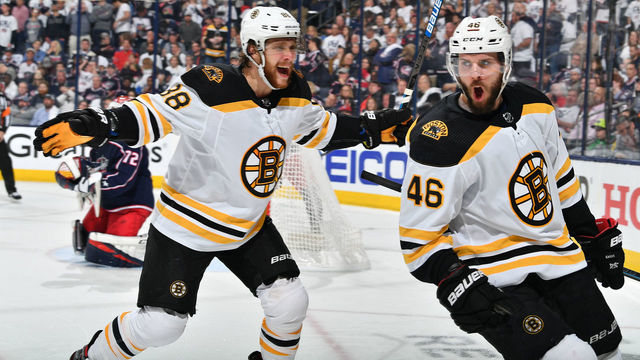 COLUMBUS, OH - MAY 6: David Krejci #46 and David Pastrnak #88 of the Boston Bruins react after scoring a goal during the second period in Game Six of the Eastern Conference Second Round against the Columbus Blue Jackets during the 2019 NHL Stanley Cup Playoffs on May 6, 2019 at Nationwide Arena in Columbus, Ohio.